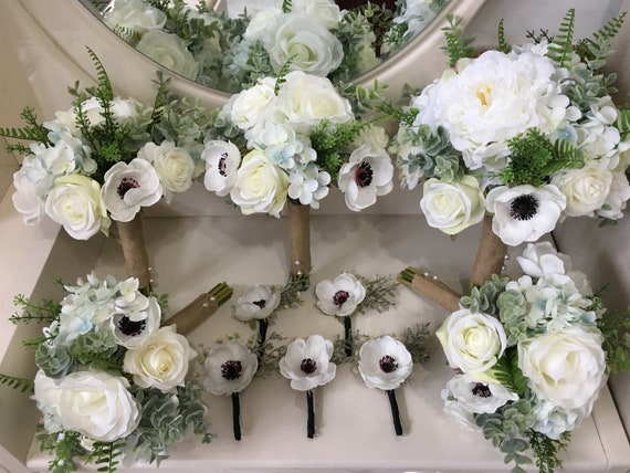Artificial Peony Bouquet White Anemones Silk Flower Bouquet Etsy