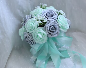 Mint Silver Fake Flower Wedding Bouquet for Bride Bridesmaids Wedding Ceremony, Boutonnieres and Corsages DJ-11