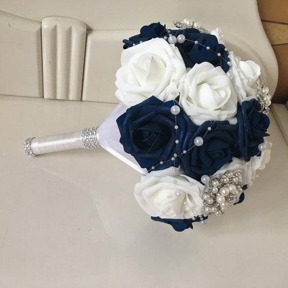 Navy Blue Wedding Bouquet Crystal Pins Bridal Bouquet Luxury Crystals,  White Wedding Bouquet Bridal Jewelry Bouquet DJ-75 