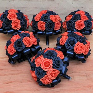 Navy and Coral Bouquet, Navy Bridal Bouquet, Coral Wedding Bouquet, Fake Rose Flower Bouquet, Bridesmaid Bouquet DJ-126