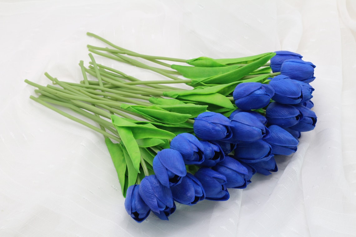 Royal Blue Artificial Tulips Flowers 30 Stems Real Touch PU Etsy