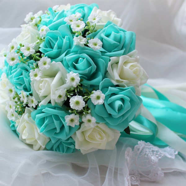 Bouquet de mariée turquoise, bouquet de mariée fleurs turquoise, fleurs de mariage blanches, faux bouquets de fleurs en ruban de soie DJ-18