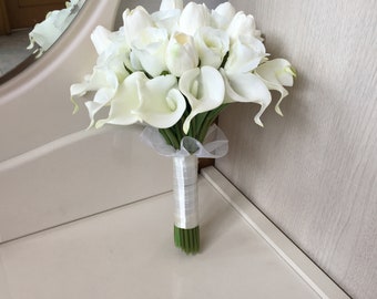 White Bridal Bouquet, White Calla Lilly Bouquet,  Silk Rose Flower Bouquet For Bridal, Tulips Bridal Bouquet, Ivory Bouquet DJ-34