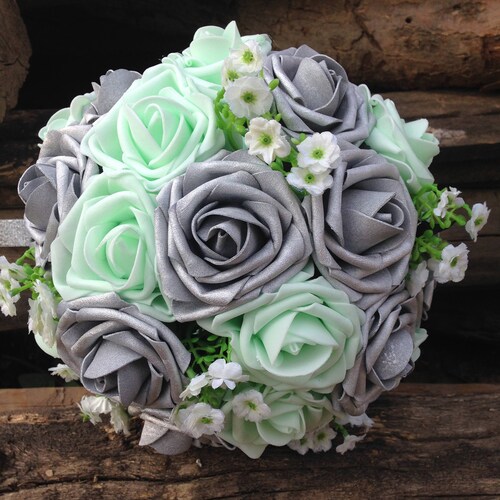 Bridal Bouquet Fake Flower Bride Bridesmaids Bouquet Mint Etsy