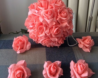 Wholesale Flowers Heads Coral Wedding Flowers Foam Rose Heads 100 Coral Artificial Flowers For Kissing Balls Pomander Corsage Flowers NJHT00