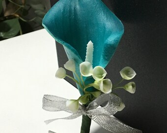 Teal Calla Lily Boutonnière For Groomsmen Latex Calla Fake Flower Button hole Corsages Groom Flowers XH15