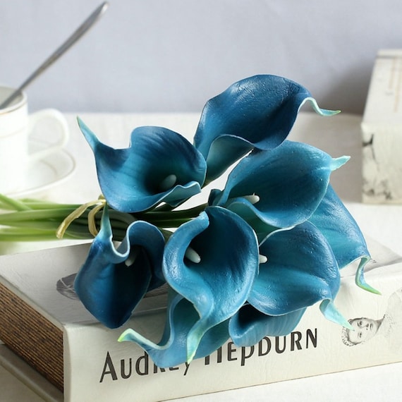 Teal Blue Calla Lily Bouquet Peacock Wedding Flowers Oasis Etsy