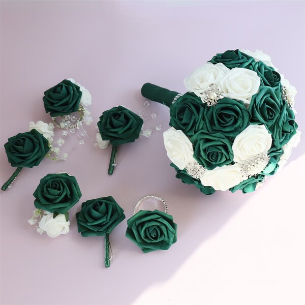 Emerald Green Wedding Bouquet, White and Emerald Green Flower Bouquet for Bridal, Artificial Bouquet, Emerald Corsages Boutonnieres DJ-183