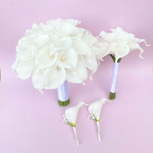 Calla Lily Bouquet, White Flower Bouquet, White Calla Lily Bouquets for Bridal Bridesmaids, Calla Lily Boutonnieres and Corsages DJ-77A