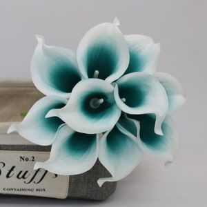 Calla Lily Bouquet Flowers 10 Stems Oasis Teal Picasso Calla Lilies Real Touch Bridal Bouquet Faux Flowers Wedding Centerpieces MTL-FLN004