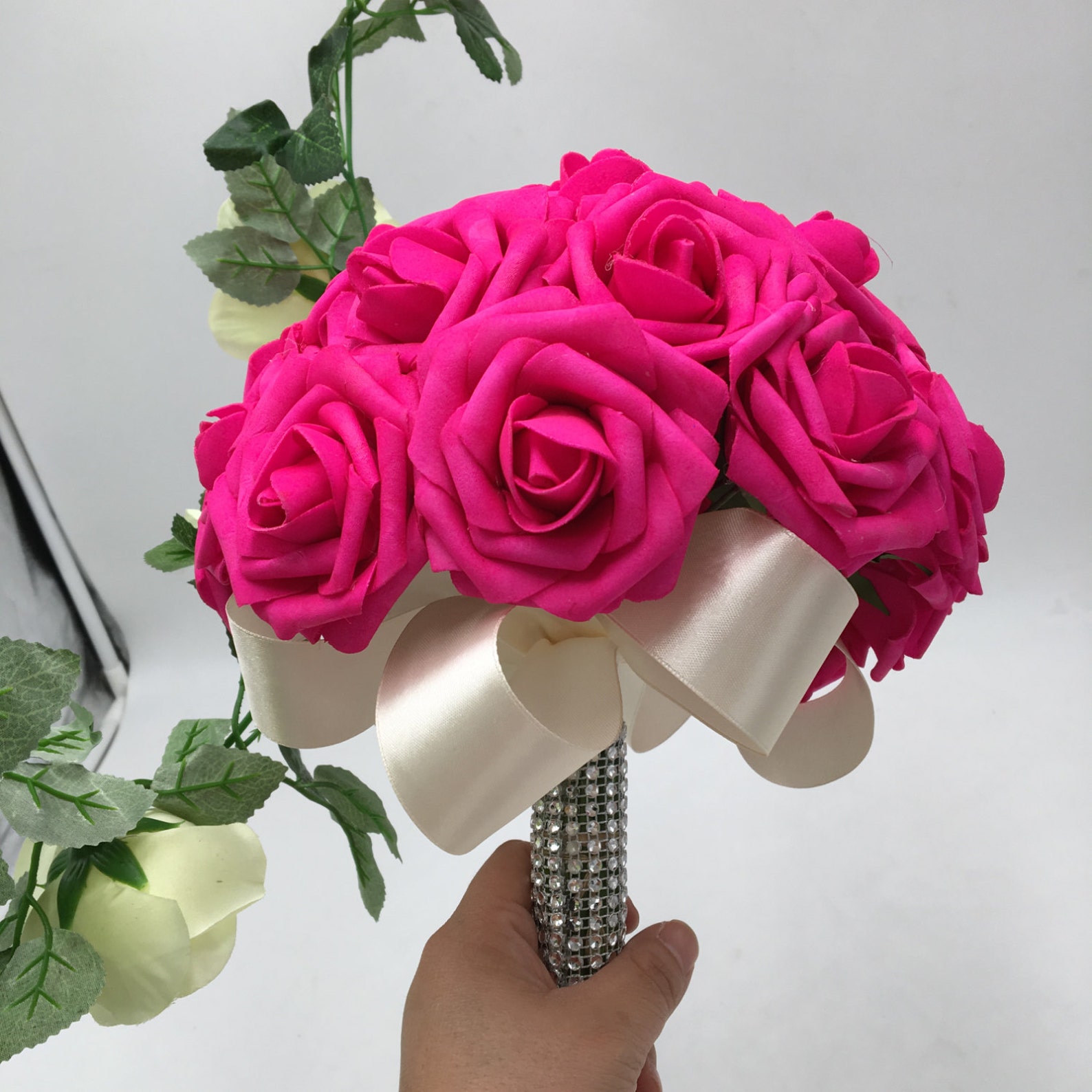 Bridal Bouquet Hot Pink Artificial Roses Flower Wedding Etsy