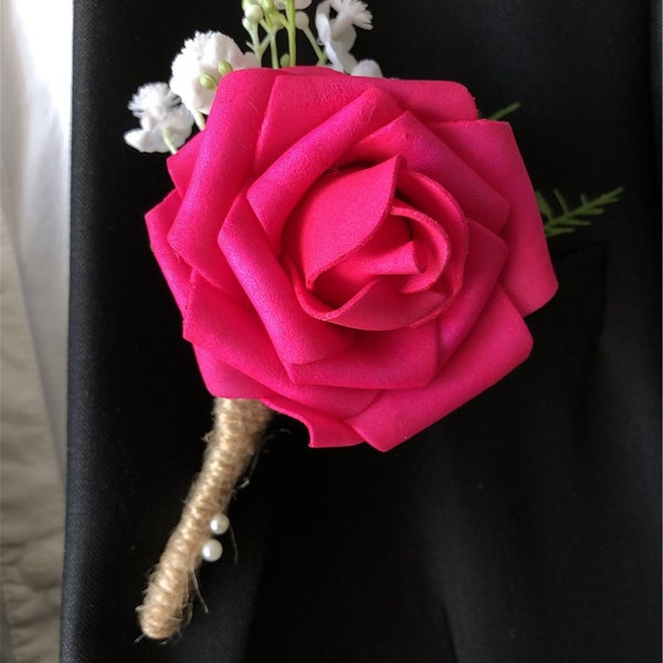 Hot Pink Grooms Boutonniere with Babysbreath Fuchsia Groomsmen Fathers Lapel Boutonniere Bestman Buttonhole F10