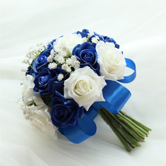 Bouquet Rose Bleu Foncé et Blanc Real Touch Bouquet De Mariage - Etsy France