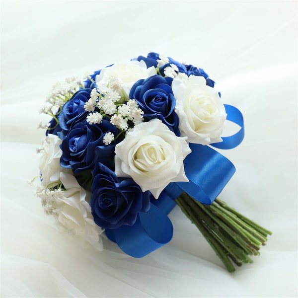 Dark Blue and White Rose Bouquet Real Touch Bridal Wedding Bouquet Bridesmaids Bouquet Royal Blue and Ivory Flower DJ-92A