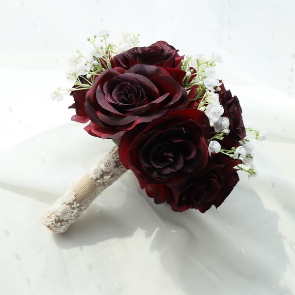 Burgundy Bouquet for Bride Silk Rose Flower Bridal Bouquet Dark Red Wedding Bouquet Rustic Fall Wedding Bouquet with Burlaps DJ-84