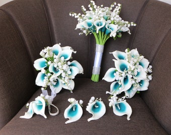 Wedding Bouquets Prom Corsage Boutonniere Sets Wedding Flowers Calla Lily Wedding Bouquet Oasis Teal Wedding Bridal Flowers Bouquet DJ-72