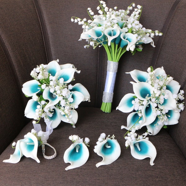 Hochzeit Bouquets Prom Corsage Boutonniere Sets Hochzeitsblumen Calla-Lilien Hochzeitsstrauß Oasis Teal Hochzeit Brautblumen Bouquet DJ-72