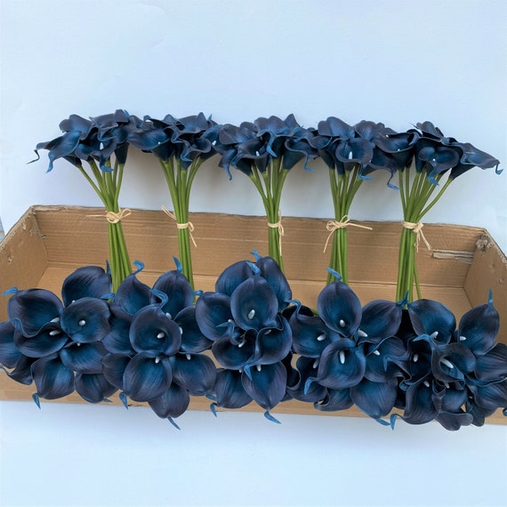 10"Large Bridal bouquet Navy Blue with White Calla Lily Artificial Flowers 