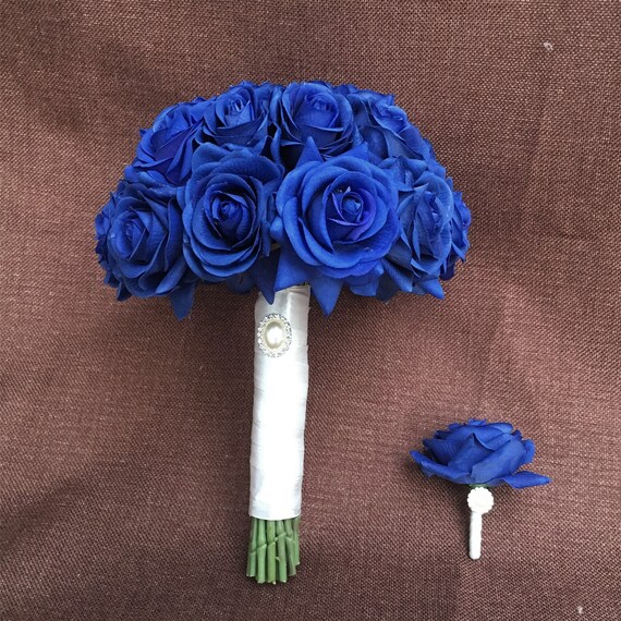 Blue Flowers Real Touch Rose Bouquet For Bridal Bridesmaids Etsy