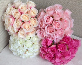Silk Rose Bouquet For Bridesmaids, Artificial Flower Bouquets, Rose Buds Bouquet White, Champagne, Bridesmaids Flower Bouquet DY-20T