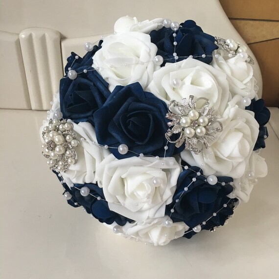 Navy Blue Wedding Bouquet Crystal Pins Bridal Bouquet Luxury Crystals,  White Wedding Bouquet Bridal Jewelry Bouquet DJ-75 