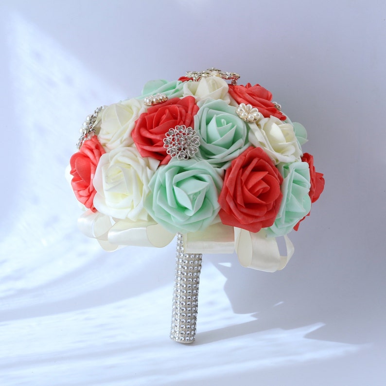 luxury Bridal Bouquet Crystal Pin Bouquet Mint Ivory Bridal Bouquet Artificial Flower Orange Wedding Bouquet Crystal Handle DJ-54