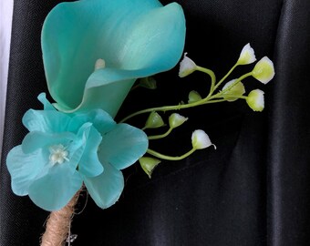 Groom Boutonniere Pool Blue Calla Lily For Groomsmen Flower Buttonhole Pin Groom Lapel Flowers Rustic Wedding XH23