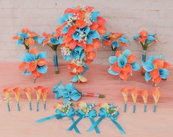 Turquoise Coral Wedding Bouquet, Calla Lily Cascading Bouquet for Bridal, Coral Turqoise Bridesmaids Bouquets, Boutonnineres DJ-173