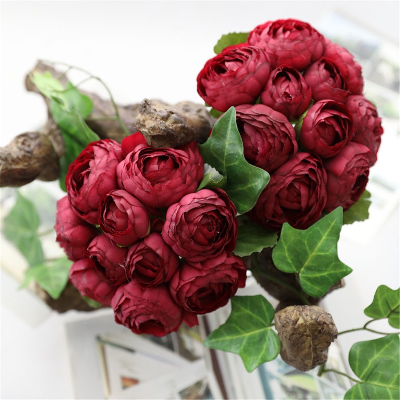 Dark Red Artificial Flowers Silk Faux Peony Bouquet Wedding Flowers Peonies for Bridal Bridesmaid Flower Arrangement Home Decoration JM802