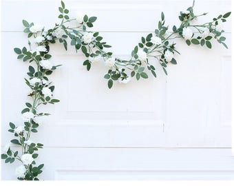 Fake Flower Garland White Rose Hanging Flower Garland 180cm Leaf Garland Fake Vine Realistic Vine Plant Garland for Home Decoration MGT-021