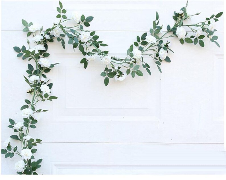 Fake Flower Garland White Rose Hanging Flower Garland 180cm Leaf Garland Fake Vine Realistic Vine Plant Garland for Home Decoration MGT-021 image 1