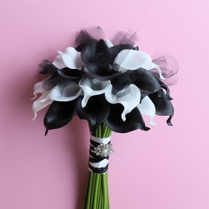 Calla Lily Bouquet, Black and White Wedding Bouquet, Real Touch Calla Lily Bridal Bouquet, Bridesmaid Bouquet, Boutonniere Corsage DJ-77B