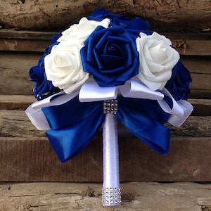 Royal Blue Bouquet White Bridal Bouquet Artificial Flower Roses Bride Bouquet Silk Ribbon Bridesmaids Flower Girl Toss Bouquet DJ-16