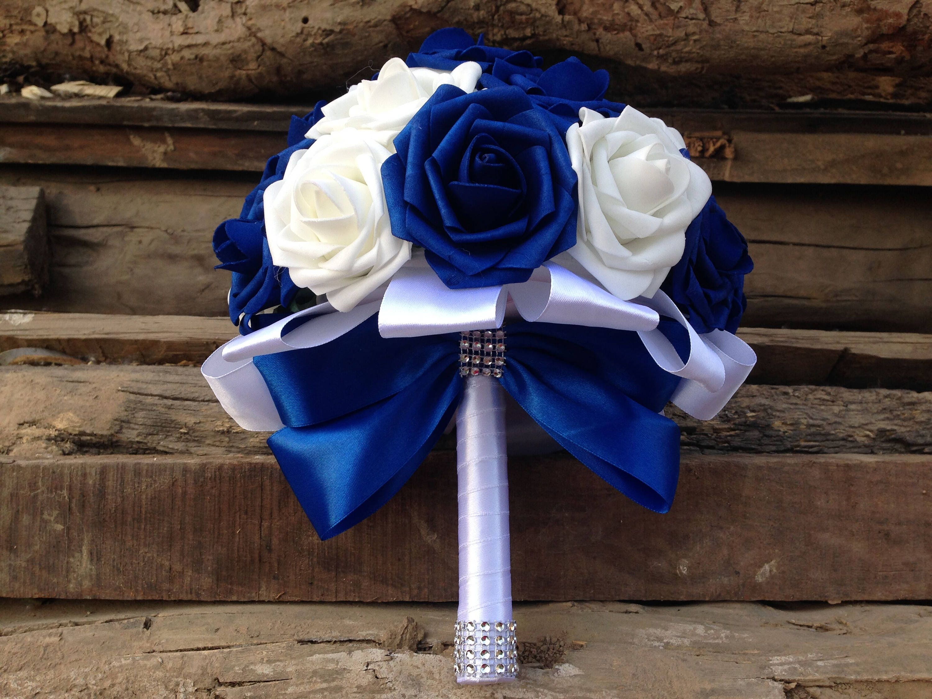 9" Wedding Bouquet Royal Blue & White Artificial Open Roses with Rhinestones 