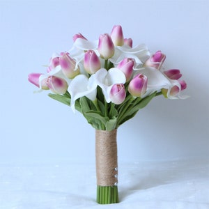 Wedding Bouquet Dark Pink Tulips and White Calla Lily Bouquet Wrapped Gemp Rope for Bridal Artificial Flower Bouquet DJ-176A