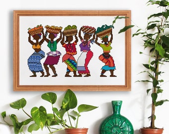 Ladies with baskets - counted cross stitch design - Five vibrant African woman carrying fruit and vegetables in baskets on their heads.