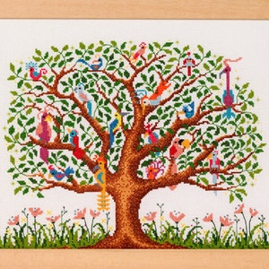 Bird Tree - A quirky and fun counted cross stitch design of beautiful bright birds in a tree