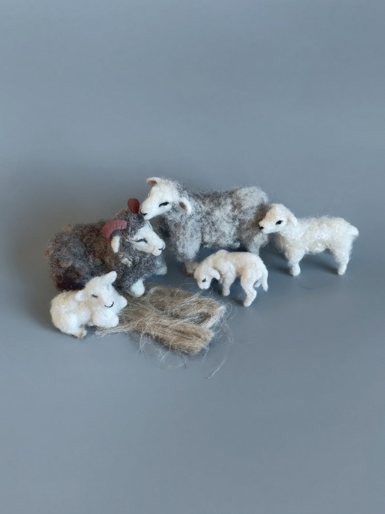 Needle Felted Lamb sheep family Nativity set-needle felt-Christmas decoration-doll house miniature animals 1:12 scale articulated image 2