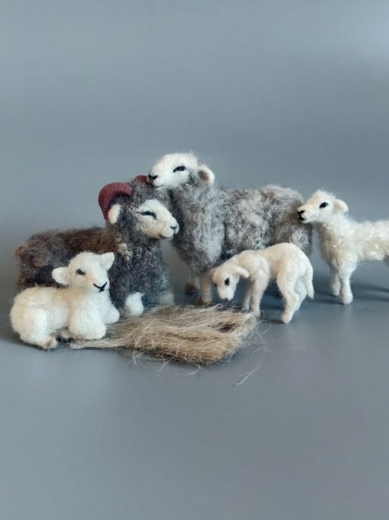 Needle Felted Lamb sheep family Nativity set-needle felt-Christmas decoration-doll house miniature animals 1:12 scale articulated image 1