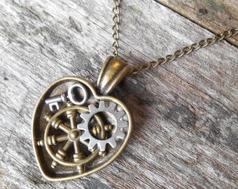 Steampunk Heart Locket Necklace: Ship Wheel, Gear, Key, Antique Bronze Chain
