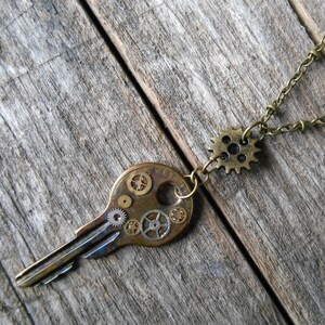 Key to My Heart Key and Gears Necklace in Mixed Metals on 28&quot; (71 cm) Chain, Love, Sweetheart, Steampunk, OOAK