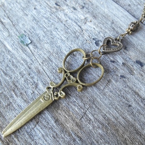Scissors Necklace with Heart & Metal Beads in Antique Bronze Finish, 31&quot; (80 cm) Chain for a Quilter, Hairdresser, Crafter, Scrapbooker
