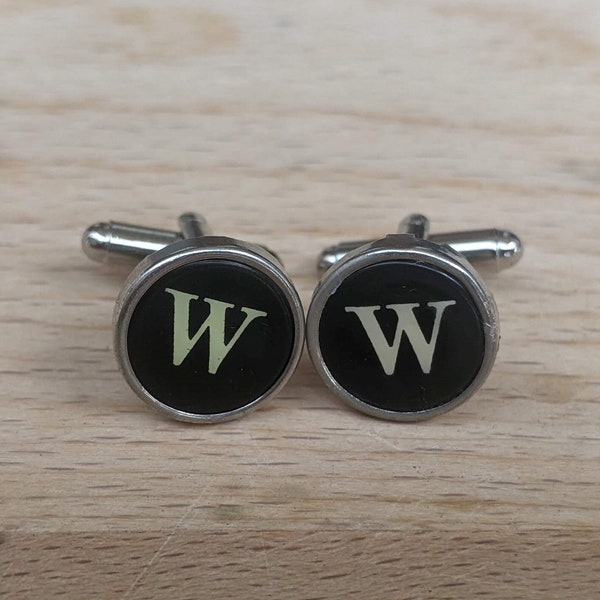 The Letter Initial W Vintage Typewriter Key Cufflinks, Black and Silver 5/8" (15mm) Graduation, Writer, Literary, Wedding, Prom, Author Gift