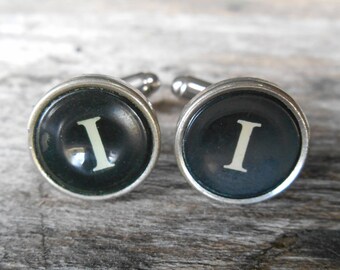 Vintage Typewriter Key Cufflinks: Letter I, Black & Silver (15mm)