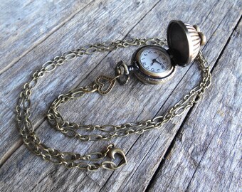 Bronze Ball Working Pocket Watch Necklace with Hearts - 31 inch Chain