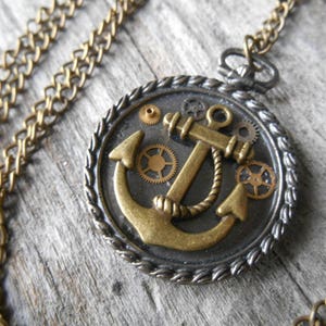 Double Sided Reversible Gears, Anchor and Heart Necklace in Bronze on a 31&quot; (80 cm) Chain, Military Spouse Gift, Boater Pirate Gift