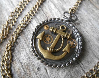 Reversible Nautical Steampunk Necklace - Bronze Anchor, Gears & Heart - 31" Chain