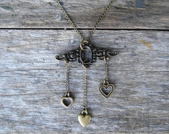 Bronze Keyhole Necklace with Heart Dangles - Steampunk Victorian, 24" Chain