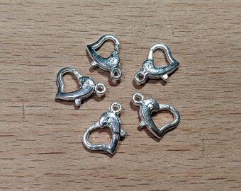 Srebrne metalowe zapięcia w kształcie serca z karabińczykiem: elementy do naszyjnika DIY, 15 mm (zestaw 5 sztuk)