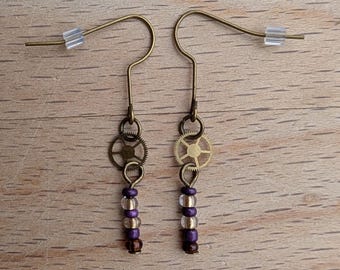 Bronze and Purple Dangle Earrings with Vintage Bronze Metal Watch Gears